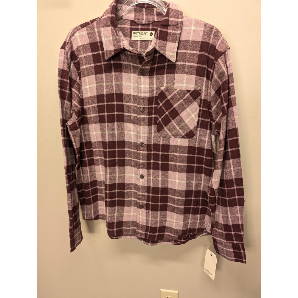 Retrofit Mens Red Bean Plaid Flannel Button Down Shirt Relaxed Fit Size S